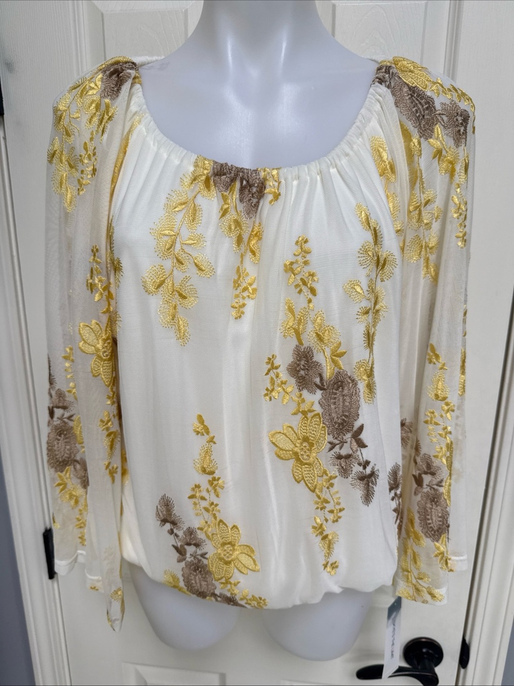SKYE'S THE LIMIT Stretch Floral Embroider Mesh Scoop Neck Flare Sleeve NEW $78 L